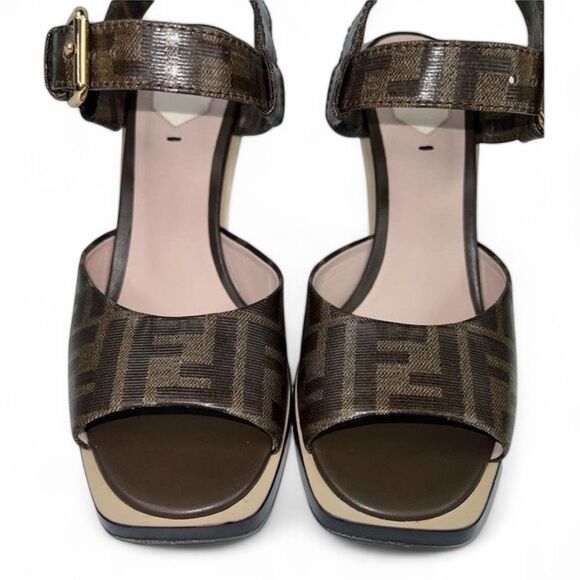 FENDI Tobacco Brown FF Zucca Logo Coated Canvas Wedge Sandals Size EU38.5 - Picture 5 of 14